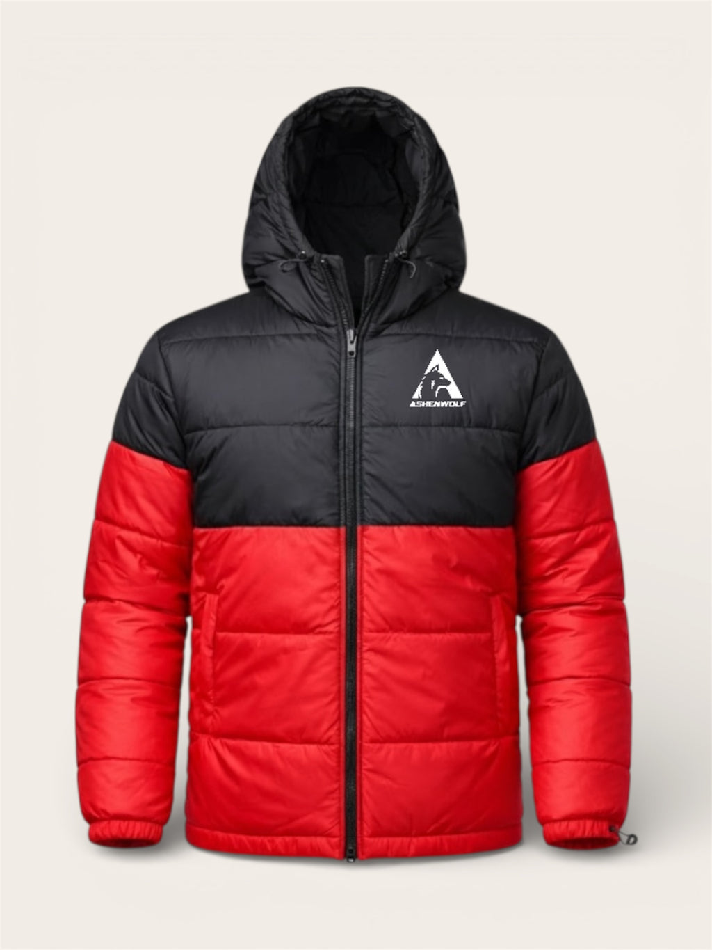 Front view of a red and black puffer jacket with Ashenwolf logo on chest.