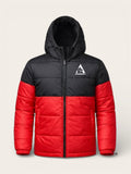 Front view of a red and black puffer jacket with Ashenwolf logo on chest.