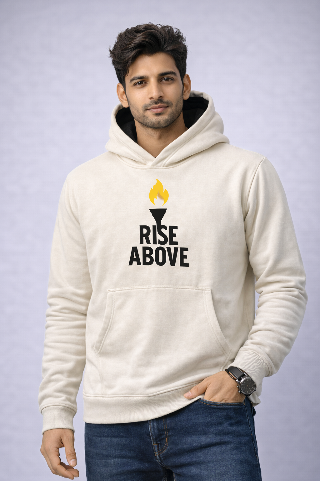 AshenWolf Oversized “Rise Above” Cream Cotton Fleece Hoodie (320 GSM) | Made in Bangladesh
