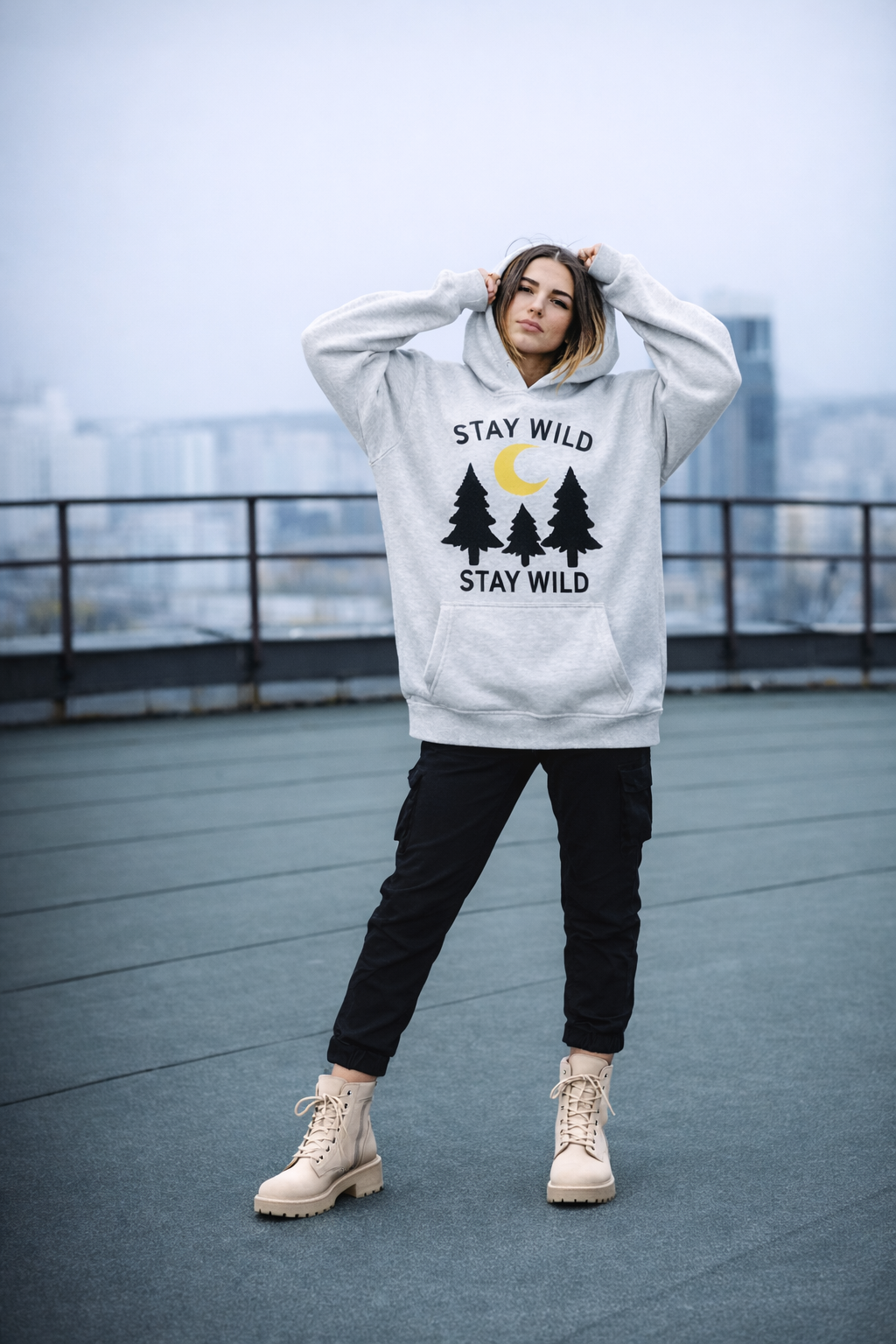 AshenWolf Oversized “Stay Wild” Embroidered Light Grey Cotton Fleece Hoodie (320 GSM) | Made in Bangladesh