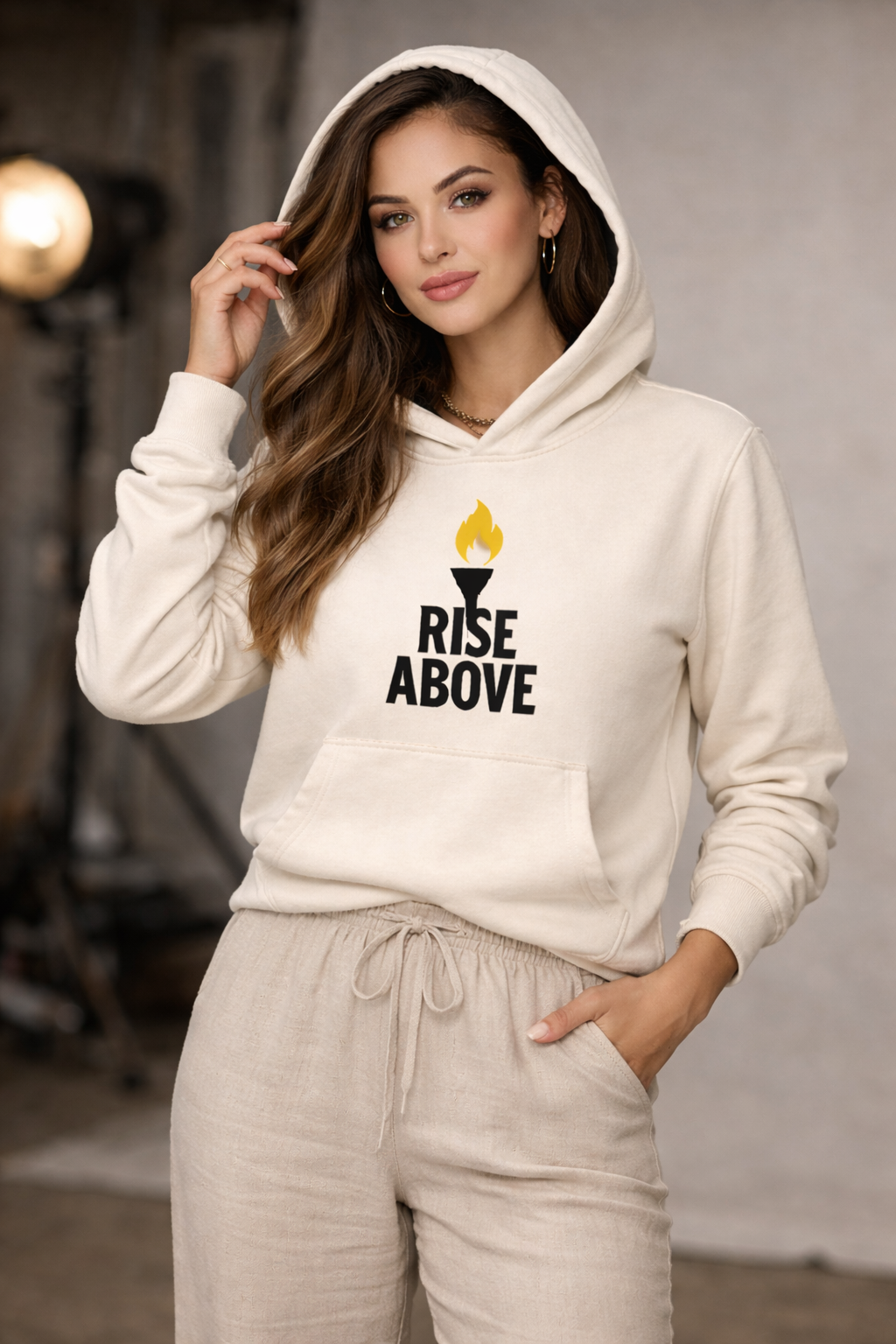 AshenWolf Oversized “Rise Above” Cream Cotton Fleece Hoodie (320 GSM) | Made in Bangladesh