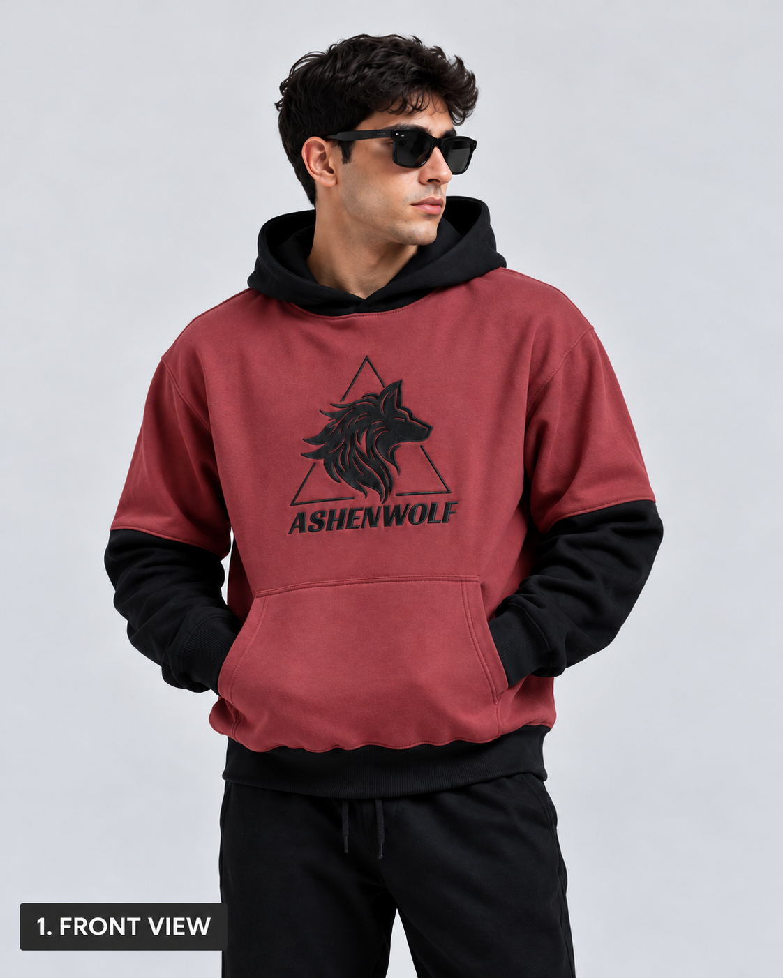 AshenWolf Signature Embroidered Oversized Hoodie – Burgundy & Black