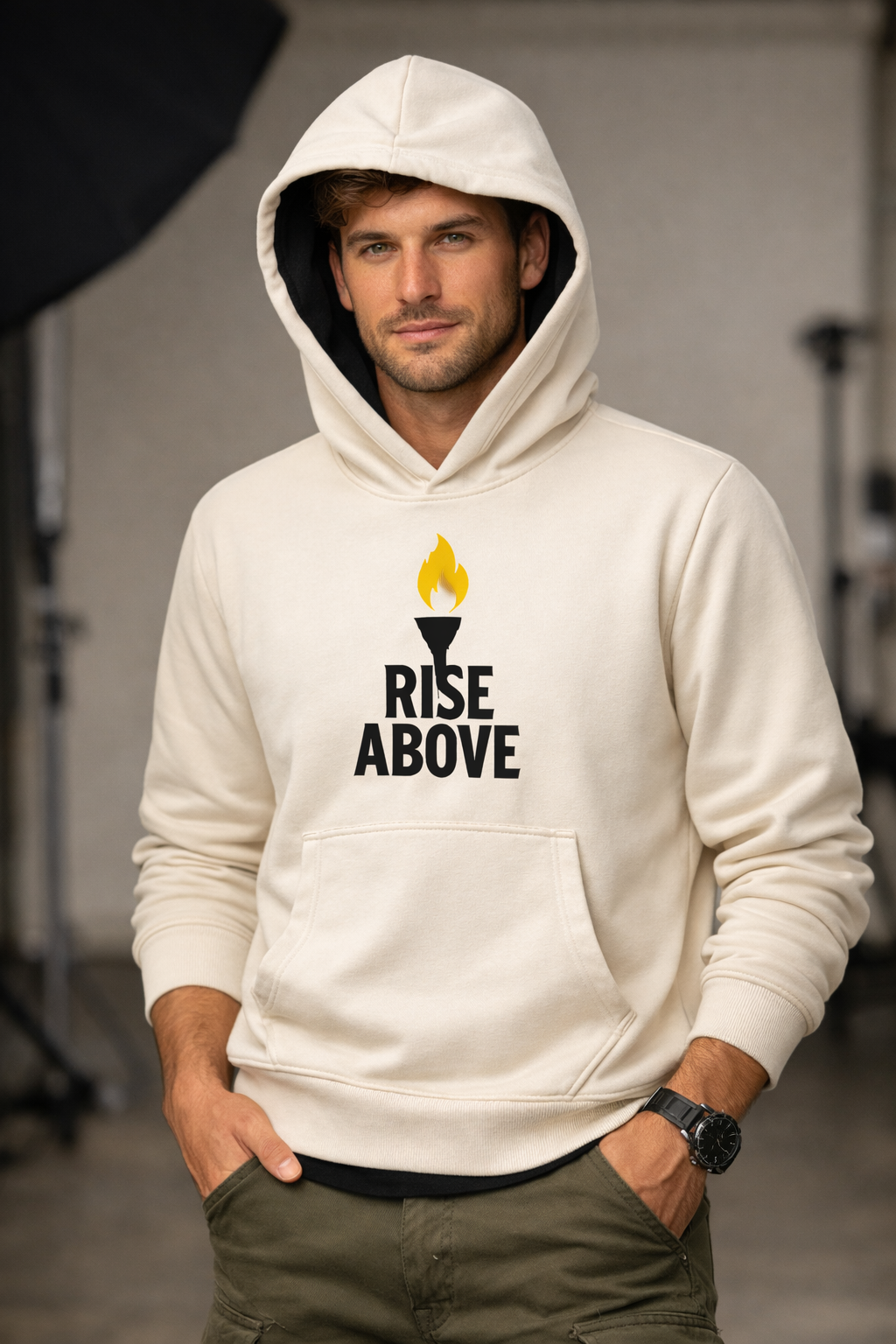 AshenWolf Oversized “Rise Above” Cream Cotton Fleece Hoodie (320 GSM) | Made in Bangladesh